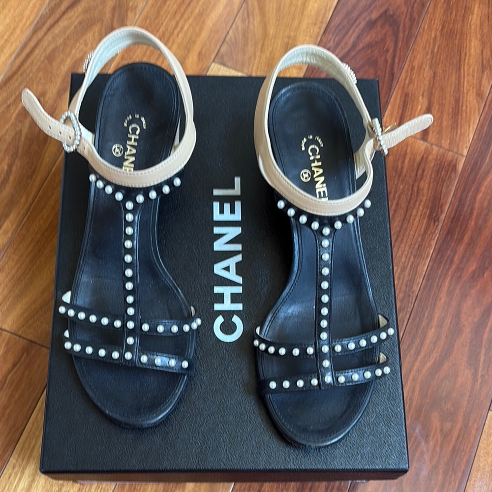 Chanel Black and Tan with pearls Women's Sandals